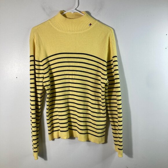 Womens Vintage Tommy Hilfiger Striped Cotton Turtle Neck Sweater XL Yellow Blue - Picture 1 of 12